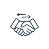 Handshake with arrows indicating exchange or agreement.