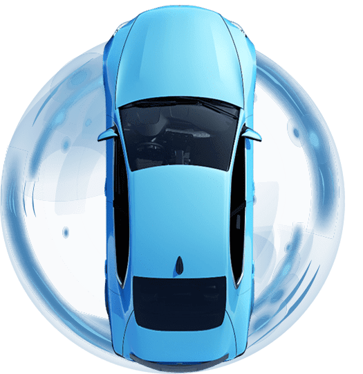 Top view of a blue car on a circular blue background.